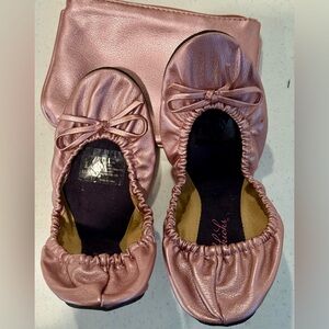 Sidekicks~Metallic Pink~Fold Up Ballet Flats Comfort Shoe w Travel Pouch Large
